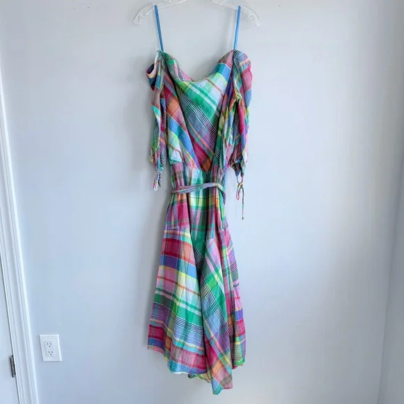 Lauren Ralph Lauren Plaid Off Shoulder Dress Multicolor Madras Plaid Dress 10 - Picture 6 of 16